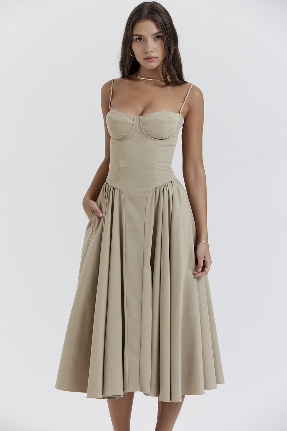 Chic Boned-Bodice Midi Dress