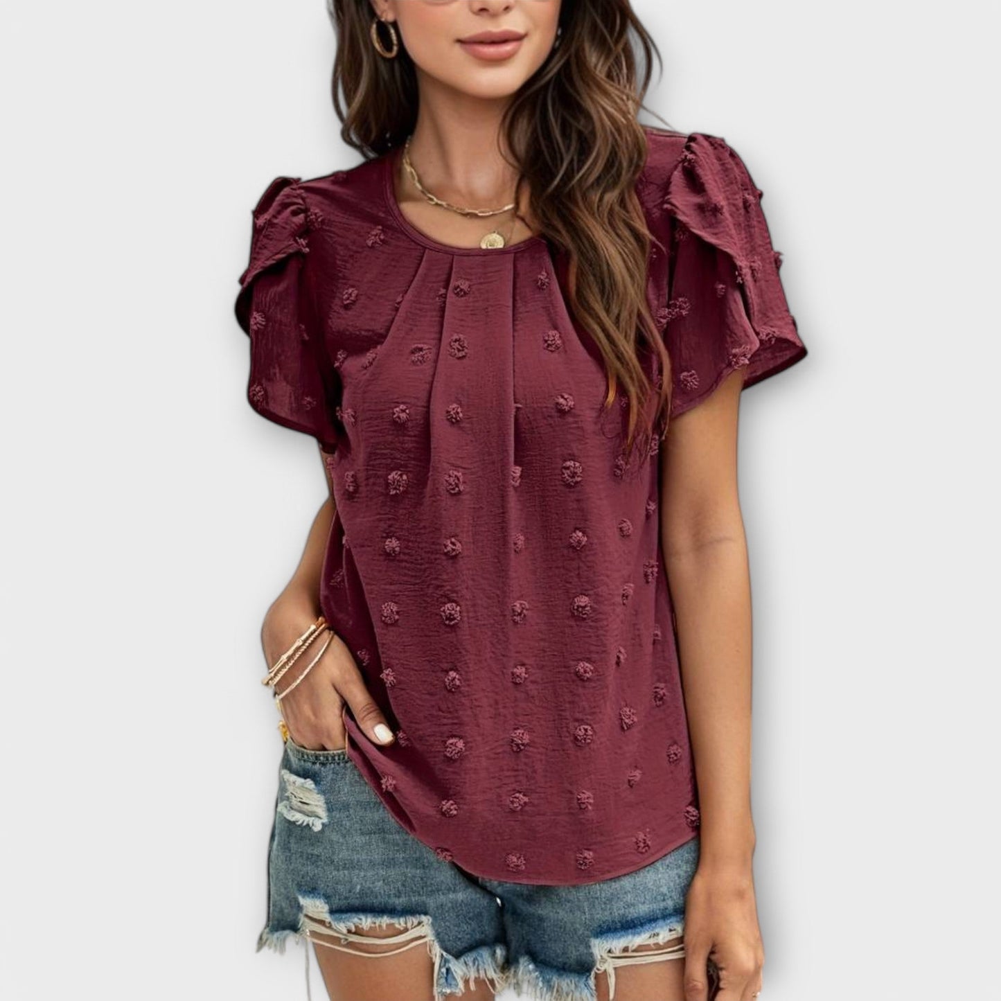 Petal-Sleeve Swiss Dot Blouse