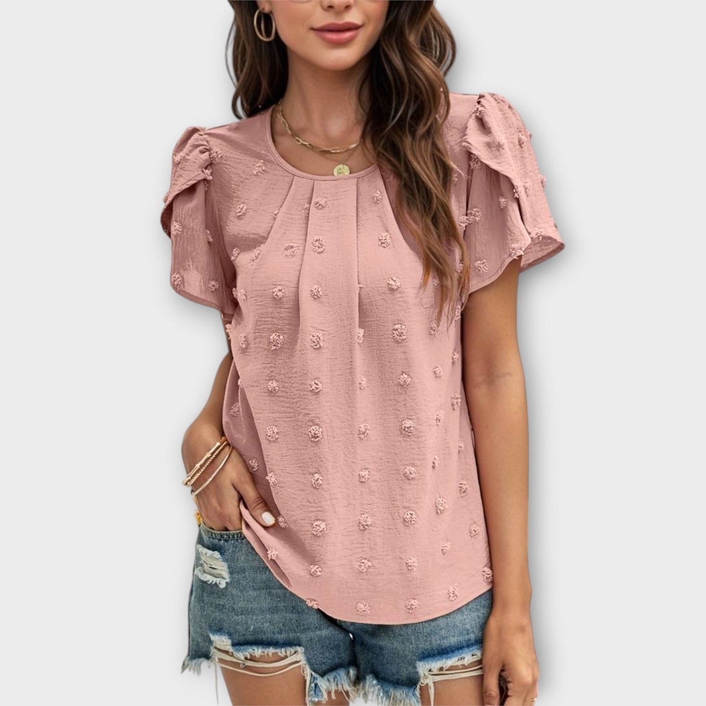 Petal-Sleeve Swiss Dot Blouse