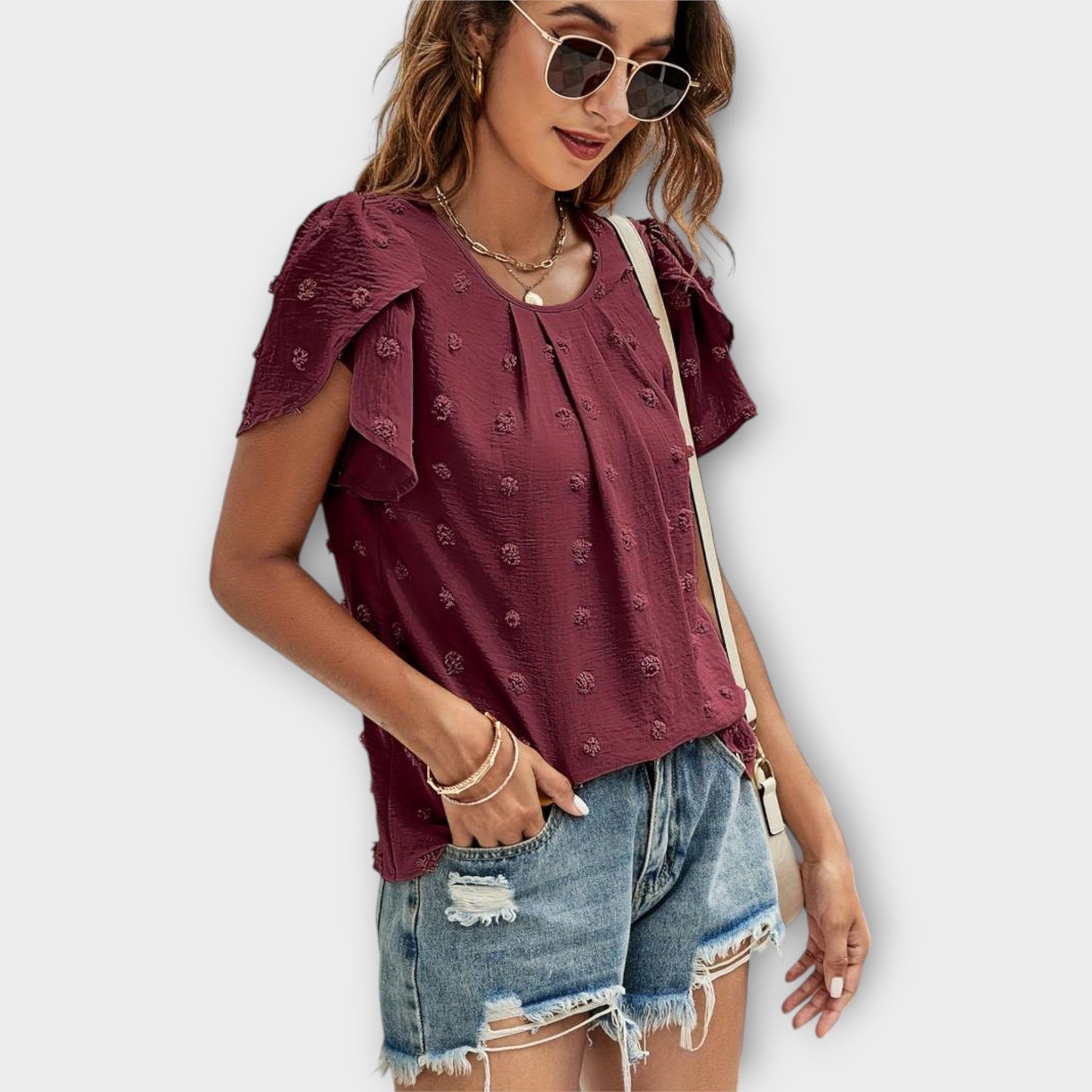 Petal-Sleeve Swiss Dot Blouse