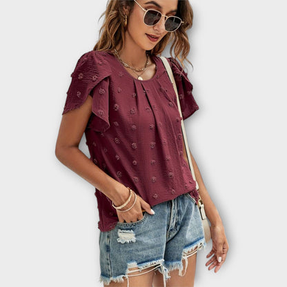 Petal-Sleeve Swiss Dot Blouse
